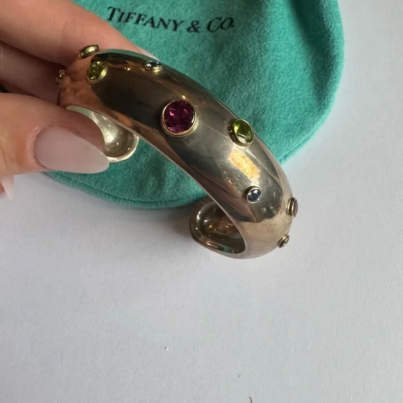 Tiffany & Co Silver 18K Gold Tourmaline Peridot Etoile Sapphire Cuff Bracelet - Picture 14 of 16